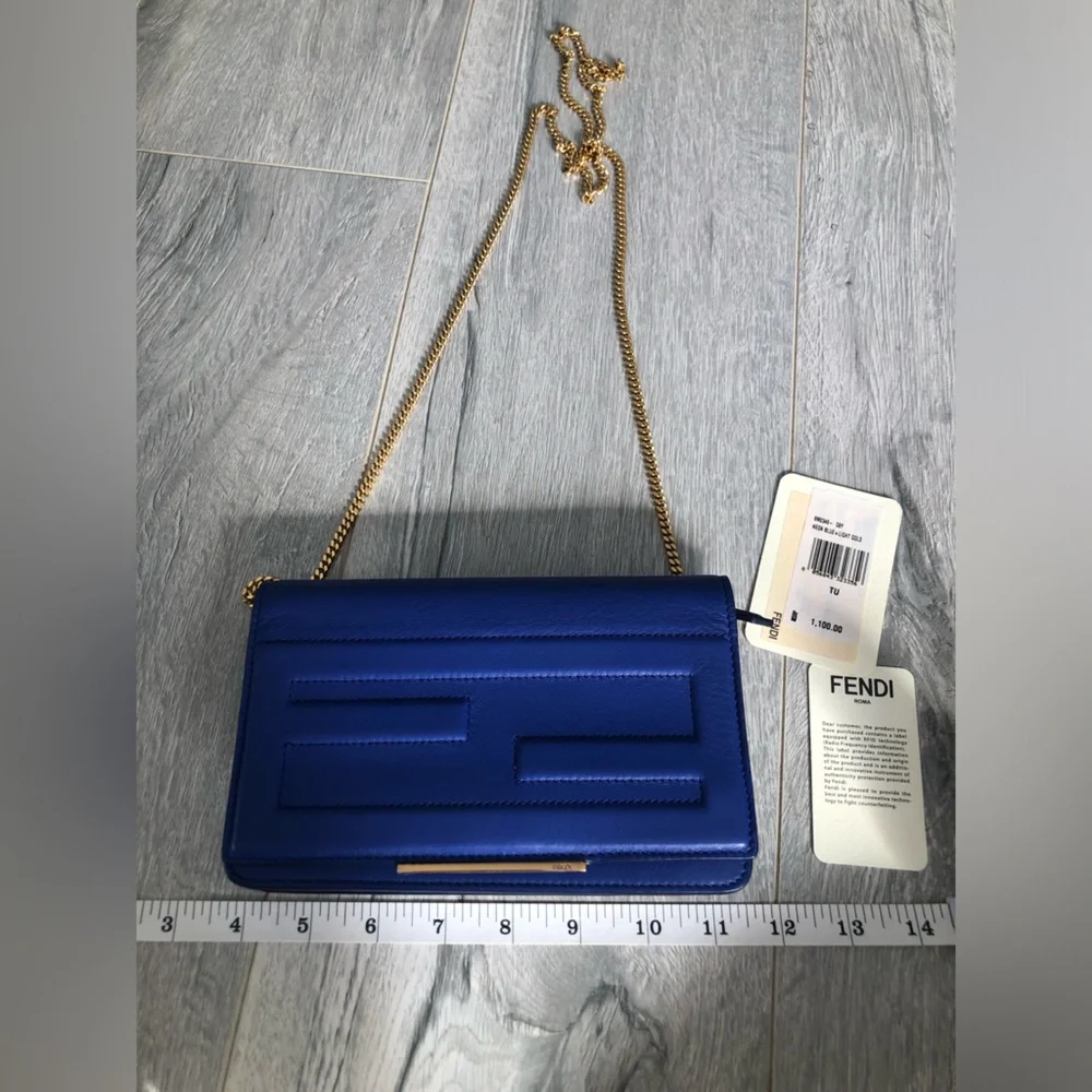 Authentic Fendi Royal Blue Leather Wallet with Gold Chain - Picture 10 of 14